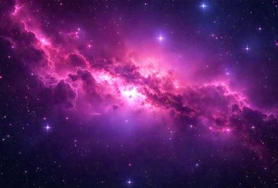 The primary subject of the image is a purple nebula, which is a cloud of gas and dust in space. The setting is a dark, starry sky, with the nebula being the main focus of the image. The visual style is a combination of a photo and digital art, creating a unique and captivating representation of the nebula. The colors and mood of the image are predominantly purple, giving it a serene and celestial atmosphere.