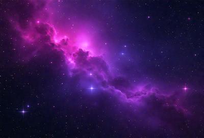 The primary subject of the image is a purple nebula, which is a cloud of gas and dust in space. The setting is a dark, star-filled sky, with the purple nebula as the main focus. The visual style is a combination of a photo and digital art, creating a unique and captivating representation of the nebula. The colors and mood of the image are predominantly purple, giving it a serene and celestial atmosphere.
