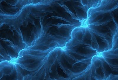 The primary subject of the image is a blue, swirling, and flowing pattern. The setting is a dark background, which contrasts with the vibrant blue color of the pattern. The visual style appears to be a digital art or illustration, as the swirls and flowing lines are intricately detailed. The dominant colors are blue and black, creating a sense of depth and movement in the image.