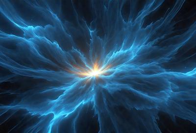 The primary subject of the image is a bright, blue, and glowing light source, which appears to be a fire or a light bulb. The light source is surrounded by a dark, swirling background, creating a striking contrast. The visual style of the image is a combination of a photo and digital art, as it captures the vibrant colors and dynamic patterns of the light source. The colors and mood of the image are predominantly blue and energetic, with the light source emanating a sense