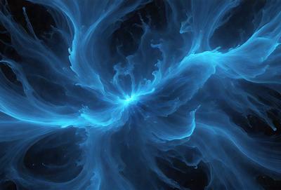 The primary subject of the image is a blue, swirling, and twisting pattern that resembles a galaxy or a nebula. The setting is a dark, starry background, which contrasts with the vibrant blue colors of the swirling pattern. The visual style of the image is a combination of digital art and illustration, creating a captivating and intricate design. The colors and mood of the image are predominantly blue, with a sense of depth and mystery, as if gazing