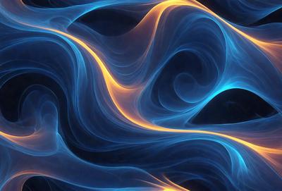 The primary subject of the image is a blue and orange swirling pattern, which appears to be a digital art or illustration. The setting is a dark background, and the visual style is a combination of digital art and illustration. The dominant colors are blue and orange, creating a vibrant and dynamic atmosphere.
