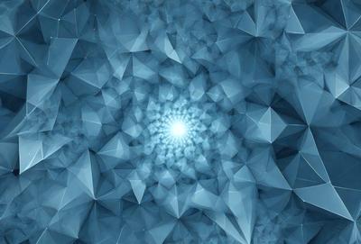 The primary subject of the image is a blue and white geometric pattern, which appears to be a digital art or illustration. The setting is a blue background, and the visual style is a combination of digital art and illustration. The dominant colors are blue and white, creating a calm and serene atmosphere.