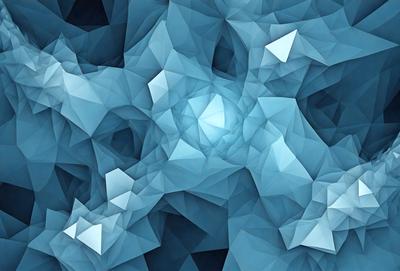 The primary subject of the image is a blue, geometric pattern. The setting is a dark blue background, which contrasts with the bright blue geometric pattern. The visual style is a combination of digital art and illustration, creating a unique and intricate design. The colors and mood of the image are predominantly blue, giving it a calm and serene atmosphere.