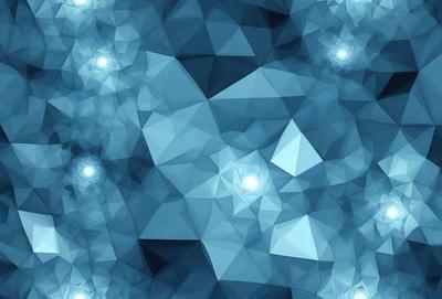 The primary subject of the image is a blue geometric pattern, which is the main focus of the image. The setting is a blue background, and the visual style is digital art. The dominant colors are blue and white, creating a calm and soothing atmosphere.