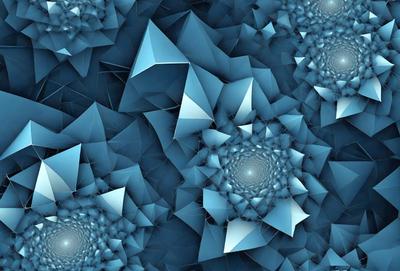 The primary subject of the image is a blue geometric pattern, which is the main focus of the image. The setting is a blue background, and the visual style is digital art. The dominant colors are blue and white, creating a calm and soothing atmosphere.