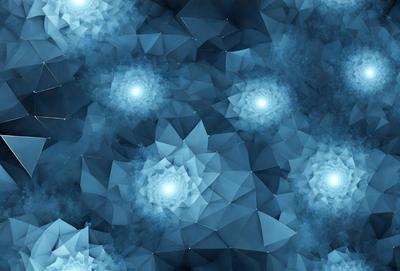 The primary subject of the image is a blue, geometric pattern with a mix of triangles and circles. The setting is a blue background, which creates a visually appealing contrast with the pattern. The visual style is a combination of digital art and illustration, giving the image a unique and artistic appearance. The dominant colors are blue and white, creating a calm and serene atmosphere.