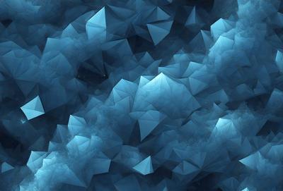 The primary subject of the image is a blue, geometric pattern. The setting is a dark, cloudy sky, which serves as the backdrop for the pattern. The visual style is a combination of digital art and illustration, creating a unique and intricate design. The dominant colors are blue and black, giving the image a moody and atmospheric feel.