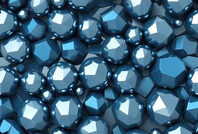 The primary subject of the image is a large collection of blue crystals, which are arranged in a visually appealing manner. The setting is a blue background, which provides a striking contrast to the crystals. The visual style of the image is a combination of photo and digital art, creating a unique and eye-catching display. The dominant colors in the image are blue and white, giving the scene a calm and serene atmosphere.