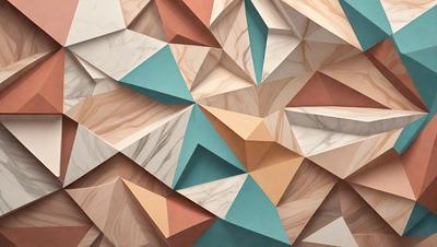 The primary subject of the image is a large, intricate, and colorful wall design made of marble. The setting is a room with a marble wall, and the visual style is a combination of digital art and illustration. The dominant colors in the image are blue, pink, and orange, creating a vibrant and lively atmosphere.