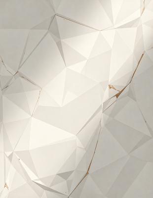 The primary subject of the image is a white wall with a pattern of triangles. The setting is a room with a white background. The visual style is a combination of digital art and illustration. The dominant colors are white and beige, creating a clean and minimalist atmosphere.