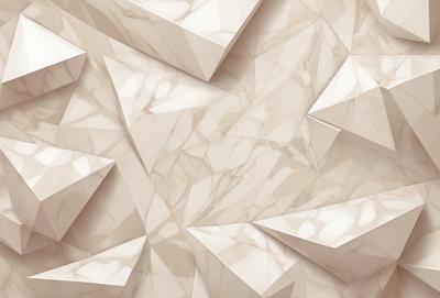 The primary subject of the image is a white marble wall with a pattern of triangles. The setting is a room with a white marble floor. The visual style is a close-up of the marble wall, showcasing the intricate pattern of the triangles. The colors and mood of the image are predominantly white, giving it a clean and elegant appearance.