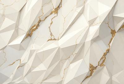The primary subject of the image is a white marble wall with a gold-colored pattern. The setting is a room with a white background. The visual style is a combination of photo and digital art, creating a unique and intricate design. The dominant colors are white and gold, giving the wall a luxurious and elegant appearance.