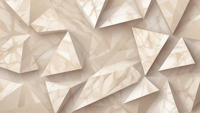 The primary subject of the image is a large, intricate pattern made of white marble. The pattern is composed of multiple triangles, creating a visually striking and complex design. The setting is a wall, and the visual style is a combination of digital art and illustration. The colors and mood of the image are predominantly white, giving it a clean and elegant appearance.
