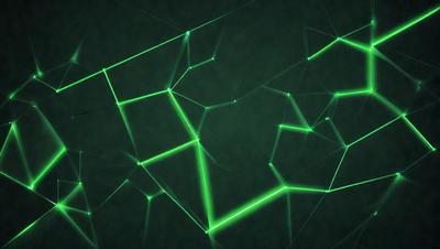 The primary subject of the image is a green neon light pattern, which is displayed on a dark background. The setting appears to be a black room, and the visual style is a combination of digital art and illustration. The dominant colors in the image are green and black, creating a moody and futuristic atmosphere.