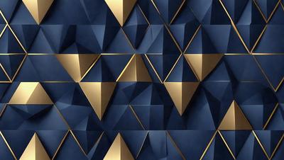 The primary subject of the image is a blue and gold wallpaper with a geometric pattern. The setting is a wall, and the visual style is a combination of digital art and illustration. The dominant colors are blue and gold, creating a modern and sophisticated atmosphere.