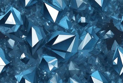 The primary subject of the image is a large number of blue crystals, which are arranged in a visually appealing manner. The setting is a blue background, which complements the blue crystals. The visual style is a combination of digital art and illustration, creating a unique and eye-catching pattern. The colors and mood of the image are predominantly blue, giving it a calm and serene atmosphere.
