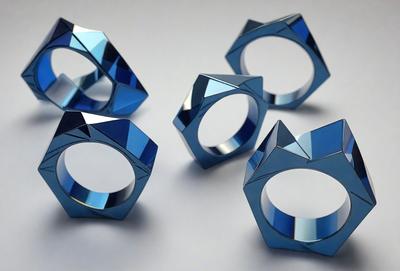 The primary subject of the image is a collection of blue geometric rings. These rings are arranged on a white surface, creating a visually appealing contrast between the blue rings and the white background. The rings are made of metal, giving them a shiny and reflective appearance. The overall atmosphere of the image is modern and minimalist, with the geometric shapes and the white background creating a clean and contemporary look.