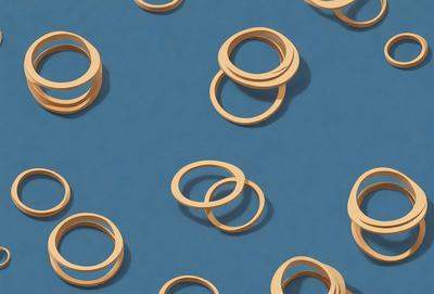 The primary subject of the image is a collection of wooden rings, which are arranged in a pattern on a blue background. The setting is a blue surface, and the visual style appears to be a combination of a photo and a pattern. The dominant colors are blue and brown, creating a calm and soothing atmosphere.