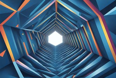 The primary subject of the image is a large, open tunnel with a blue and orange color scheme. The tunnel is illuminated by a bright light, creating a contrast between the dark tunnel and the light. The setting is a three-dimensional tunnel, possibly made of metal, and the visual style is a combination of digital art and illustration. The colors and mood of the image are vibrant and energetic, with the blue and orange tones creating a sense of depth and excitement.