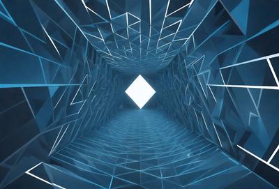 The primary subject of the image is a large, three-dimensional, blue and white geometric structure. The setting is a dark, blue-lit environment, which creates a contrasting atmosphere. The visual style is a combination of digital art and illustration, giving the image a futuristic and intricate appearance. The dominant colors are blue and white, which contribute to the overall mood of the scene.