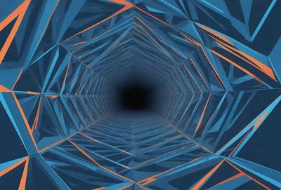 The primary subject of the image is a large, three-dimensional, blue and orange geometric pattern. The pattern is reminiscent of a tunnel or a honeycomb, and it is set against a black background. The visual style of the image is digital art, as it appears to be a computer-generated or digitally manipulated design. The dominant colors in the image are blue and orange, creating a vibrant and dynamic atmosphere.