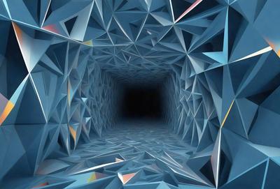The primary subject of the image is a large, dark tunnel with a blue and white color scheme. The tunnel is surrounded by a blue and white geometric pattern, giving it a futuristic and intricate appearance. The setting is a three-dimensional space, likely a digital art or illustration, as it features a unique and visually striking design. The overall atmosphere of the image is mysterious and captivating, inviting the viewer to explore the depths of the tunnel.