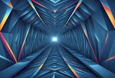 The primary subject of the image is a tunnel-like structure with a blue background. The tunnel appears to be made of a combination of blue and purple diamond shapes, giving it a unique and visually striking appearance. The tunnel is illuminated by a bright light, which adds to the overall atmosphere of the scene. The visual style of the image is digital art, as it is a computer-generated representation of the tunnel. The colors and mood of the image are predominantly blue and purple, creating a sense of depth