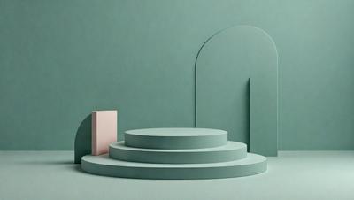The primary subject of the image is a large, green, three-step staircase. The setting is a green background, which creates a contrast with the staircase. The visual style is a photo, capturing the staircase in its natural environment. The colors and mood of the image are predominantly green, giving it a calm and serene atmosphere.