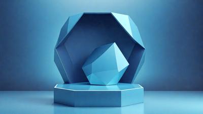 The primary subject of the image is a blue geometric sculpture, which is the main focus of the scene. The sculpture is placed on a blue surface, which serves as the setting or background. The visual style of the image is a combination of photo and digital art, creating a unique and eye-catching presentation. The dominant colors in the image are blue and white, giving the sculpture a modern and sleek appearance.