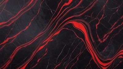 The primary subject of the image is a marble countertop with a red and black pattern. The setting is a kitchen, and the visual style is a close-up of the marble countertop. The dominant colors are red and black, creating a bold and striking appearance.