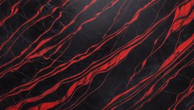 The primary subject of the image is a marble countertop with a red and black striped pattern. The setting is a kitchen, and the visual style is a close-up of the countertop. The dominant colors are red and black, creating a bold and striking appearance.