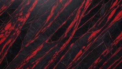 The primary subject of the image is a red and black marbled wallpaper. The setting is a black background, which contrasts with the red and black marbled pattern. The visual style is a close-up of the marbled wallpaper, showcasing its intricate design. The colors and mood of the image are bold and striking, with the red and black pattern creating a striking contrast against the black background.