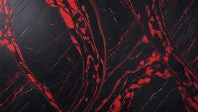 The primary subject of the image is a marble countertop with a red and black pattern. The setting is a kitchen, and the visual style is a close-up of the countertop. The dominant colors are red and black, creating a bold and striking appearance.