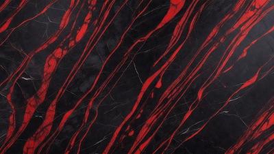 The primary subject of the image is a marble countertop with a red and black pattern. The setting is a kitchen, and the visual style is a close-up of the countertop. The dominant colors are red and black, creating a bold and striking appearance.