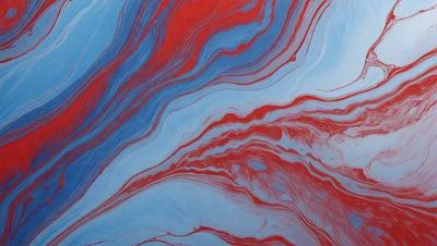 The primary subject of the image is a painting featuring a red and blue color scheme. The painting is displayed on a blue surface, which adds to the overall visual style. The colors and mood of the painting create a vibrant and lively atmosphere.