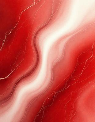 The primary subject of the image is a red marble wall with a white stripe running through it. The setting is a room with a red marble floor. The visual style is a close-up of the marble wall, showcasing its unique texture and design. The dominant colors are red and white, creating a bold and striking appearance.