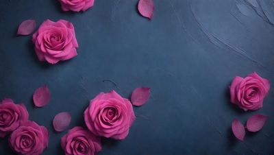 The primary subject of the image is a group of pink roses. They are arranged in a visually appealing manner, with some of the roses appearing to be falling or drooping. The setting is a blue background, which adds a contrasting and calming effect to the scene. The visual style of the image is a close-up of the roses, emphasizing their beauty and details. The colors and mood of the image are predominantly pink, which evokes a sense of warmth, love,