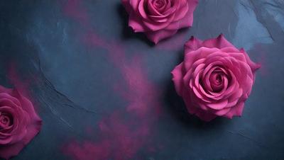 The primary subject of the image is a pair of pink roses. They are placed on a purple background, which adds a contrasting color to the scene. The visual style of the image is a close-up of the roses, showcasing their details and beauty. The colors and mood of the image are predominantly pink and purple, creating a sense of elegance and romance.