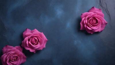 The primary subject of the image is a pair of pink roses. They are placed on a blue surface, which could be a wall or a table. The visual style of the image is a photo, capturing the beauty of the roses in their natural setting. The colors and mood of the image are predominantly pink, creating a warm and inviting atmosphere.
