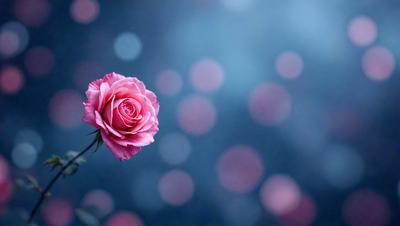 The primary subject of the image is a single pink rose. The rose is situated in a blue background, which adds a contrasting and calming effect to the scene. The visual style of the image is a photo, capturing the beauty of the rose in its natural environment. The colors and mood of the image are predominantly pink, creating a sense of warmth and serenity.