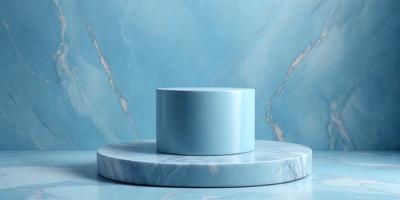 The primary subject of the image is a blue square box, which is placed on a blue marble table. The setting is a blue marble wall, which serves as the backdrop for the scene. The visual style of the image is a photo, capturing the details of the box and the marble table. The colors and mood of the image are predominantly blue, creating a calm and serene atmosphere.