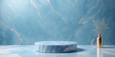 The primary subject of the image is a blue marble tabletop. The tabletop is placed on a blue marble countertop, which is situated in front of a blue marble wall. The visual style of the image is a photo, capturing the natural beauty of the marble surfaces. The colors and mood of the image are predominantly blue, creating a serene and calming atmosphere.