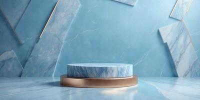 The primary subject of the image is a blue marble tabletop. The setting is a blue wall, which serves as the backdrop for the tabletop. The visual style is a photo, capturing the marble tabletop and its surroundings. The colors and mood of the image are predominantly blue, creating a calm and serene atmosphere.