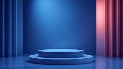 The primary subject of the image is a blue wall with a blue circle on it. The setting is a room with a blue background. The visual style is a photo, and the colors and mood are predominantly blue, creating a calm and serene atmosphere.