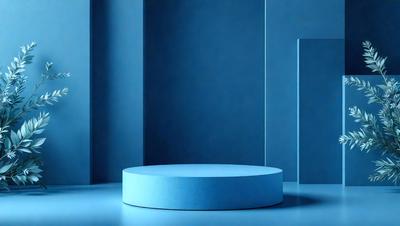 The primary subject of the image is a blue circular object, which appears to be a table or a piece of art. The setting is a blue room with a blue wall, and the visual style is a photo. The dominant colors in the image are blue, creating a calm and serene atmosphere.