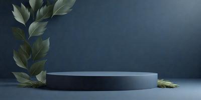 The primary subject of the image is a blue table with a plant on top of it. The setting is a dark room, and the visual style appears to be a photo. The dominant colors are blue and green, creating a calm and serene atmosphere.