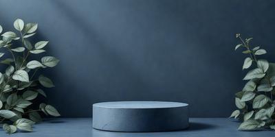 The primary subject of the image is a large, round, gray stone or concrete block. The setting is a dark room with a blue background, creating a moody atmosphere. The visual style is a close-up of the stone, emphasizing its texture and shape. The colors and mood of the image are predominantly dark and dramatic, with the blue background providing a sense of depth and contrast.