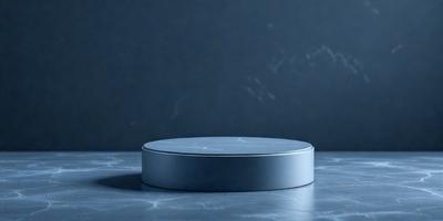 The primary subject of the image is a small, round, metallic object, possibly a disc or a plate, sitting on a table. The setting is a dark room with a blue wall, creating a moody atmosphere. The visual style appears to be a photo, as the object is in focus and the background is blurred. The colors and mood of the image are predominantly dark and mysterious, with the blue wall adding a touch of coolness to the scene.