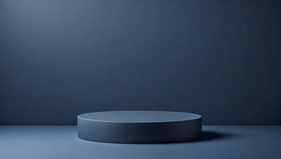 The primary subject of the image is a large, round, blue object, which appears to be a table or a piece of art. The setting is a dark blue background, which contrasts with the blue object. The visual style is a close-up of the blue object, emphasizing its shape and color. The colors and mood of the image are predominantly dark and moody, with the blue object standing out against the dark background.